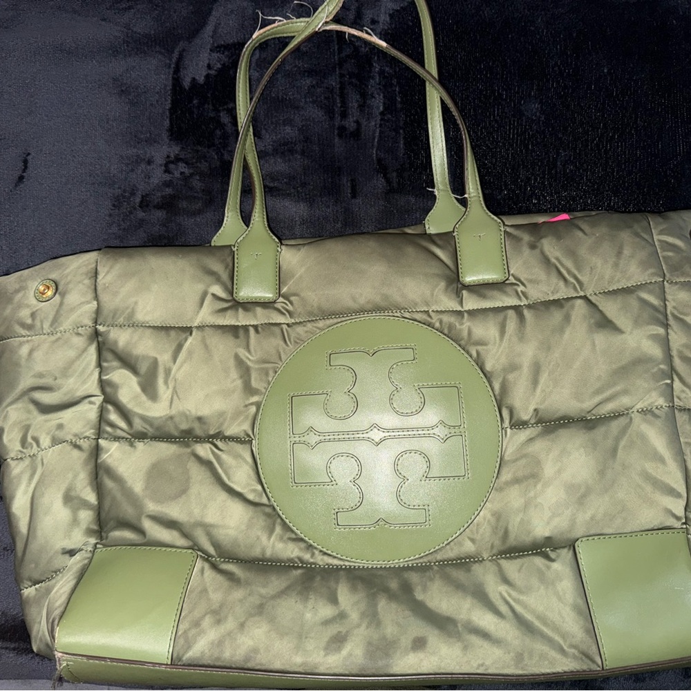 Tory Burch Green Quilted Tote Bag with Leather Trim